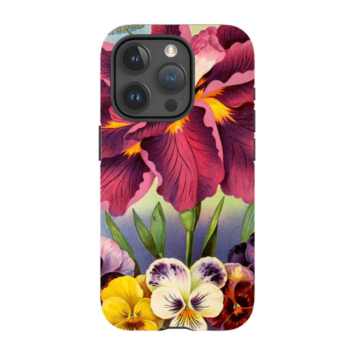 iPhone Tough Case featuring vibrant purple irises and colorful pansies in a detailed, high-definition floral art print.