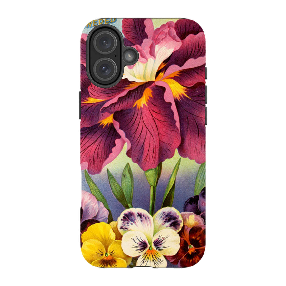 iPhone Tough Case featuring a vibrant floral design with large purple irises and colorful pansies on a durable shell.