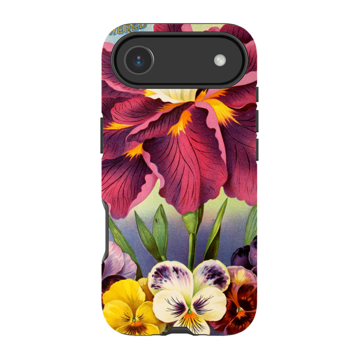 Dual-layer iPhone tough case featuring vibrant vintage floral artwork with purple irises and colorful pansies.