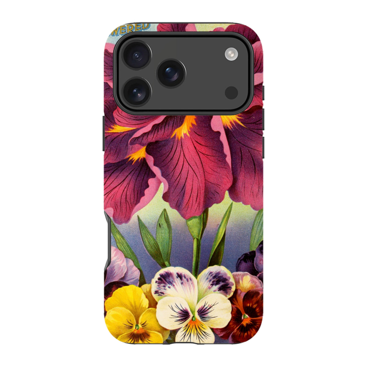 iPhone tough case featuring a vibrant floral print with purple irises and colorful pansies on a durable dual-layer shell.