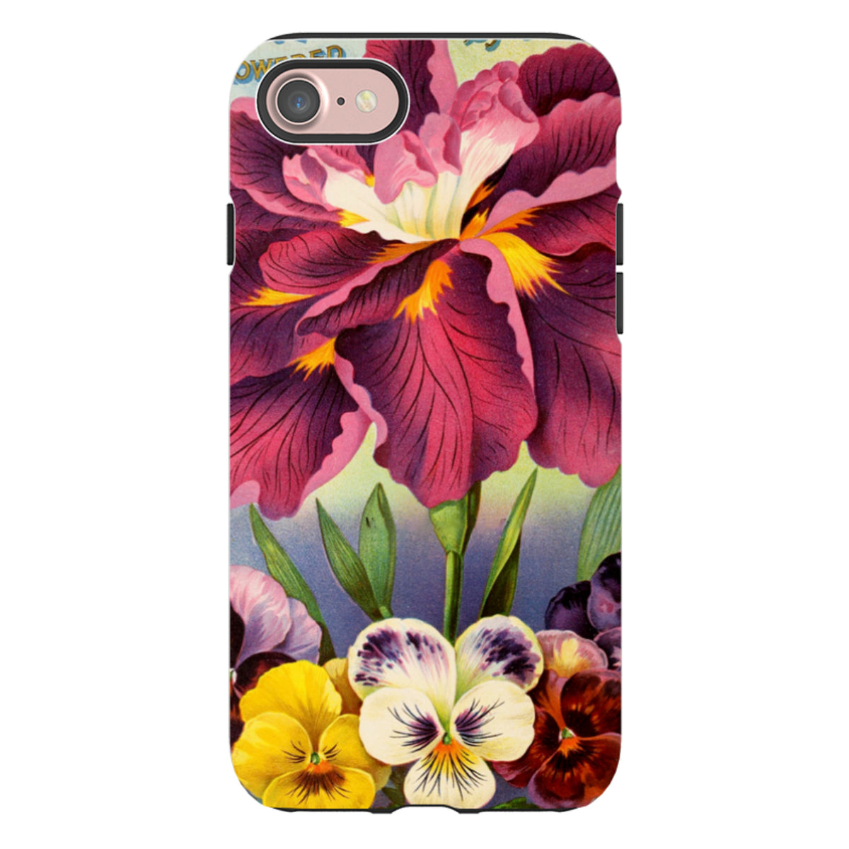 iPhone Tough Case featuring a vibrant Losely floral print with purple iris and colorful pansies on a dual-layer shell.