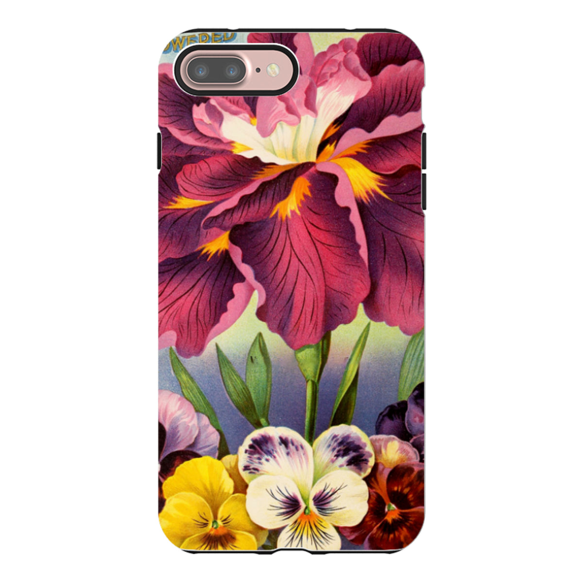 iPhone Tough Case featuring a vibrant, high-definition floral print with a large purple iris and colorful pansies.