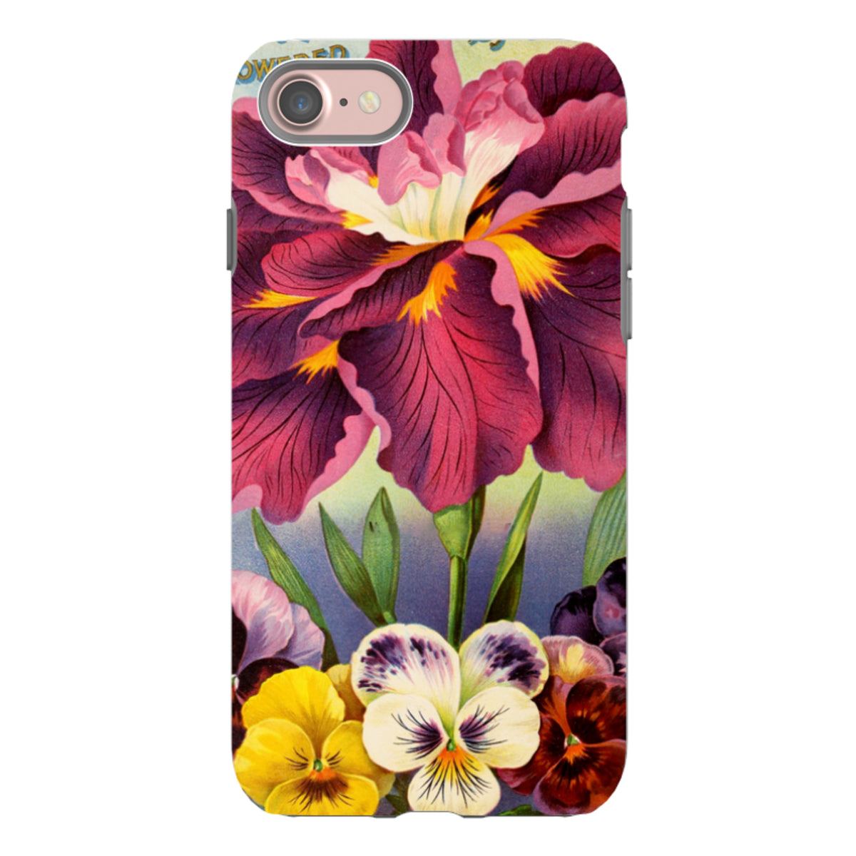 iPhone Tough Case featuring a vibrant floral design with large purple irises and colorful pansies on a durable dual-layer shell.