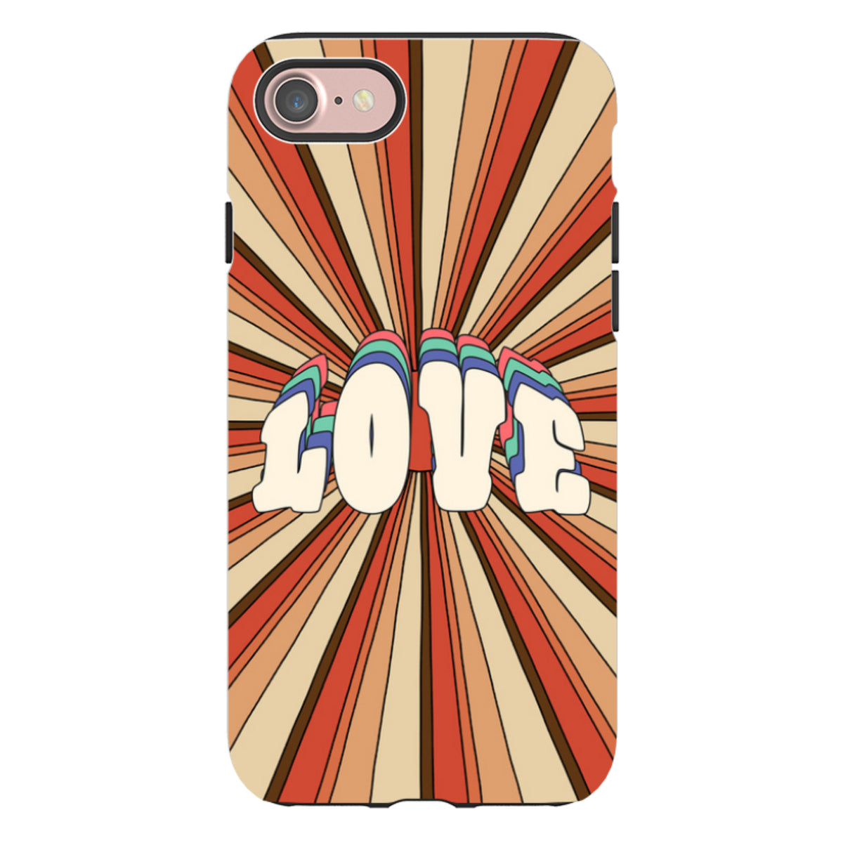 iPhone tough case with a retro 70s sunburst design and the word LOVE in a layered, colorful 3D font style.