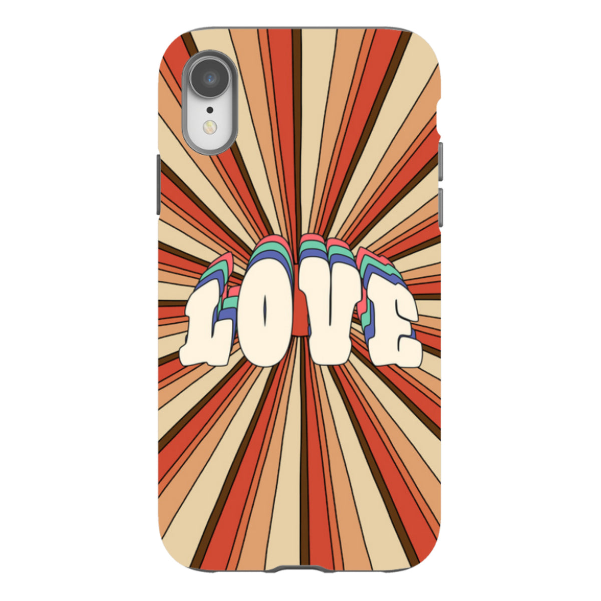 iPhone Tough Case with retro sunburst pattern in orange and cream featuring a colorful 3D Love text design.
