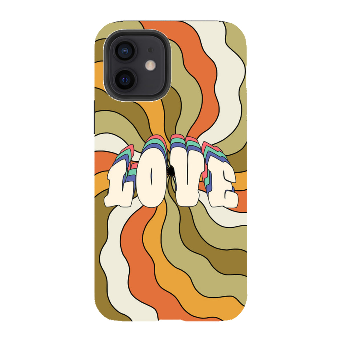 iPhone tough case with a retro wavy orange, brown, and cream swirl pattern and the word LOVE in a layered 3D font.