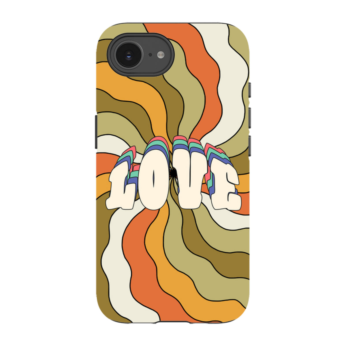 iPhone tough case with a retro wavy orange and olive green swirl pattern and a layered Love graphic design.