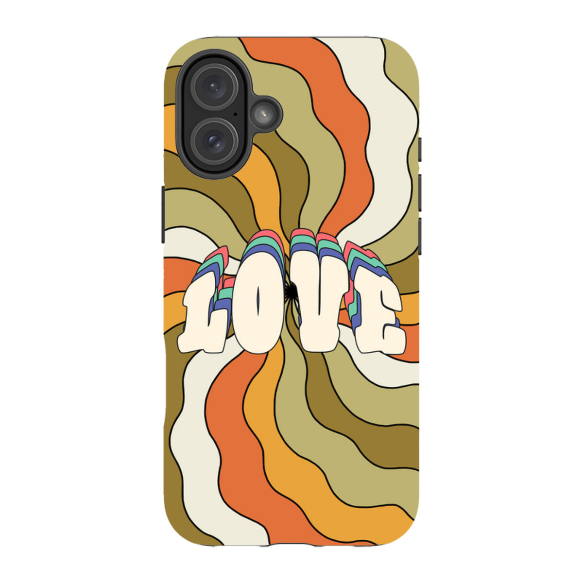 iPhone tough case with a retro 70s-style wavy orange and olive swirl pattern and the word LOVE in layered typography.