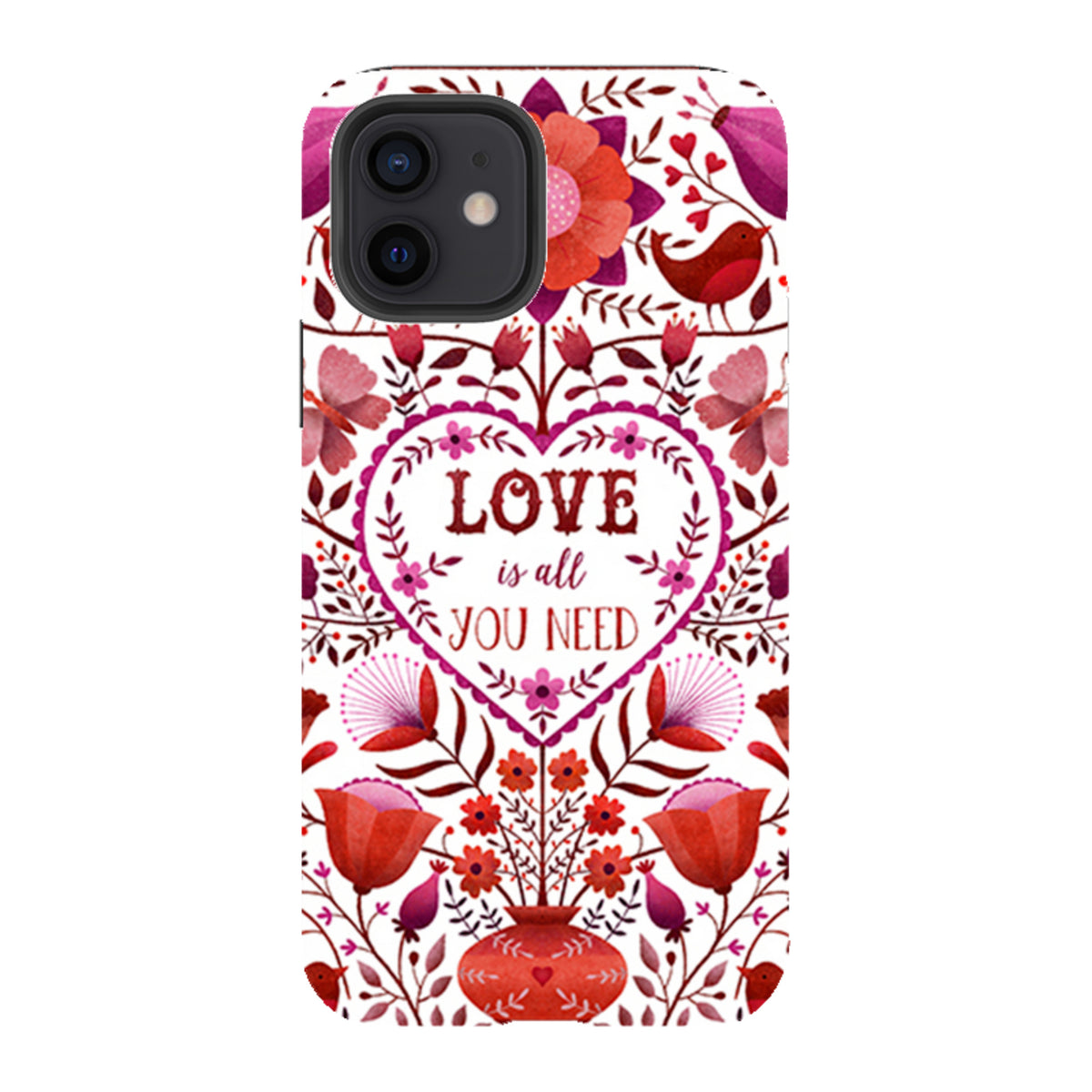 iPhone tough case with red and pink floral heart design featuring Love Is All You Need text and dual-layer protection.