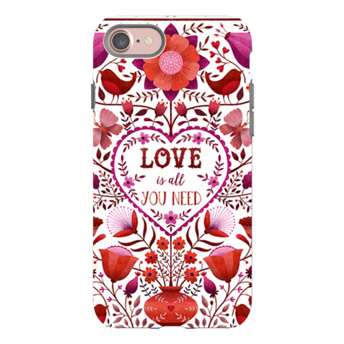 iPhone tough case featuring red and pink floral, bird, and heart folk art with the text Love Is All You Need.