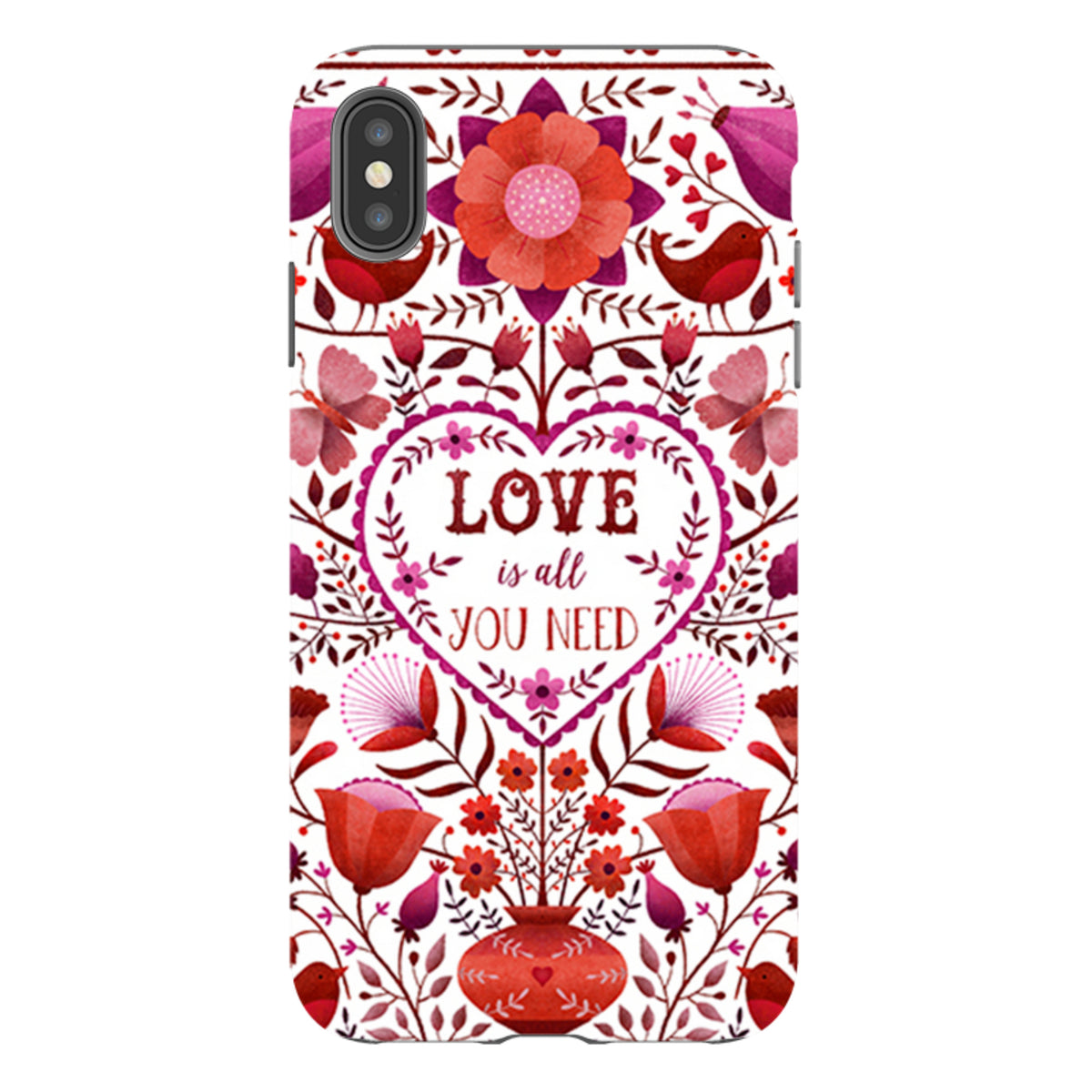 iPhone tough case with red and pink floral folk art, birds, and a central heart featuring the text Love Is All You Need.