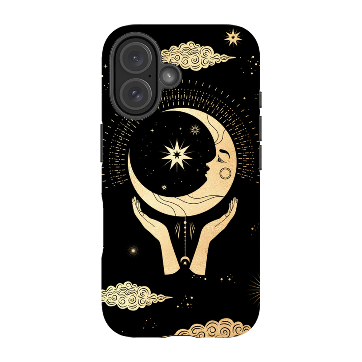 Black iPhone tough case featuring gold celestial art of hands holding a crescent moon, stars, and clouds.