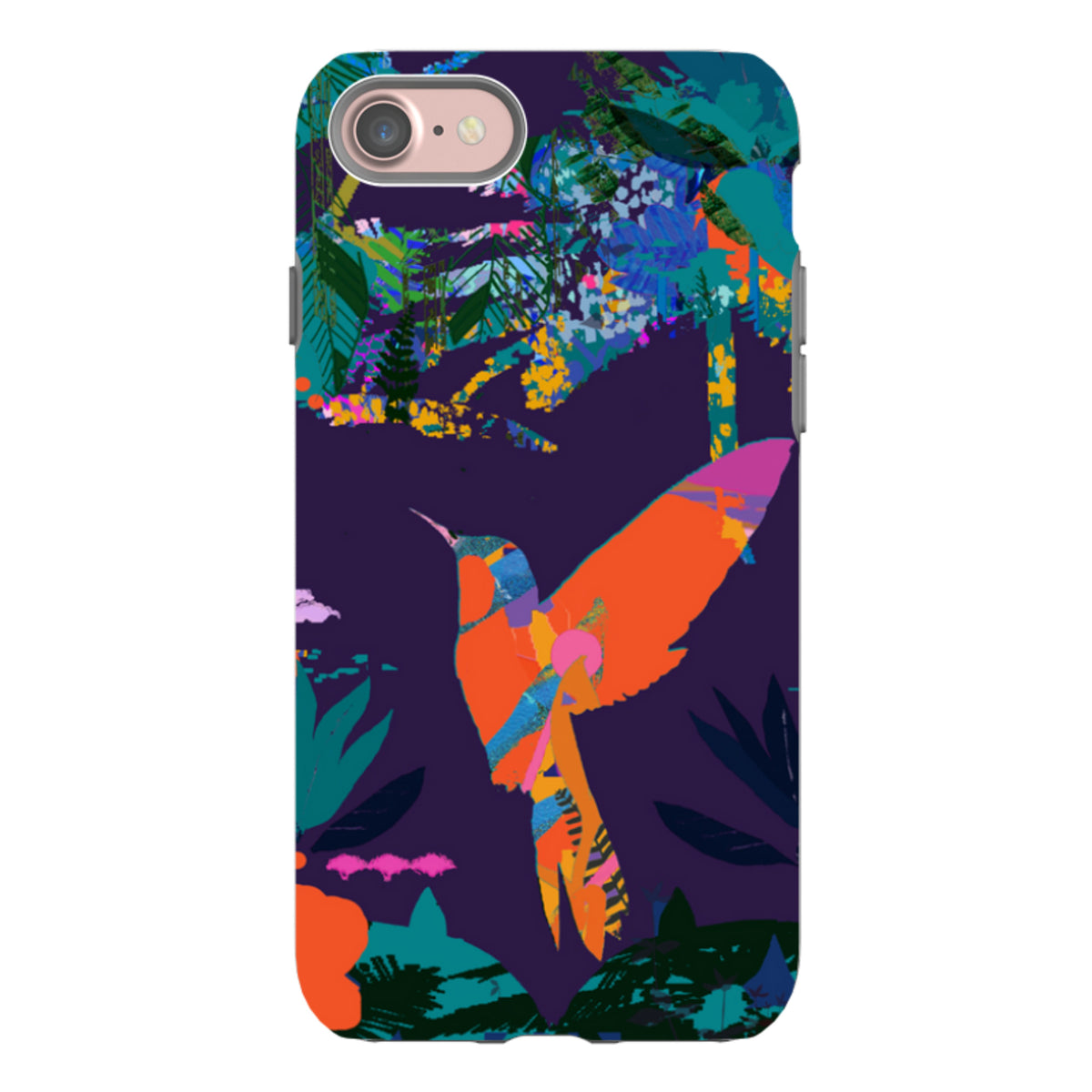 iPhone Tough Case featuring a vibrant orange hummingbird and tropical foliage art on a deep purple background.