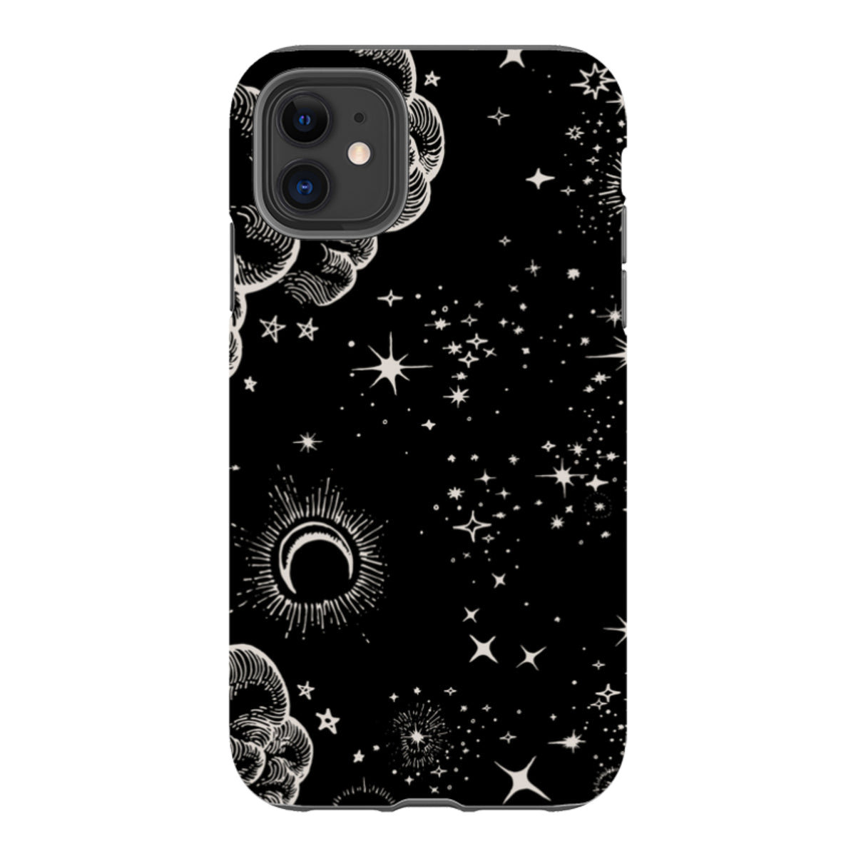 iPhone Tough Case featuring a black background with white celestial moon, star, and cloud illustrations.