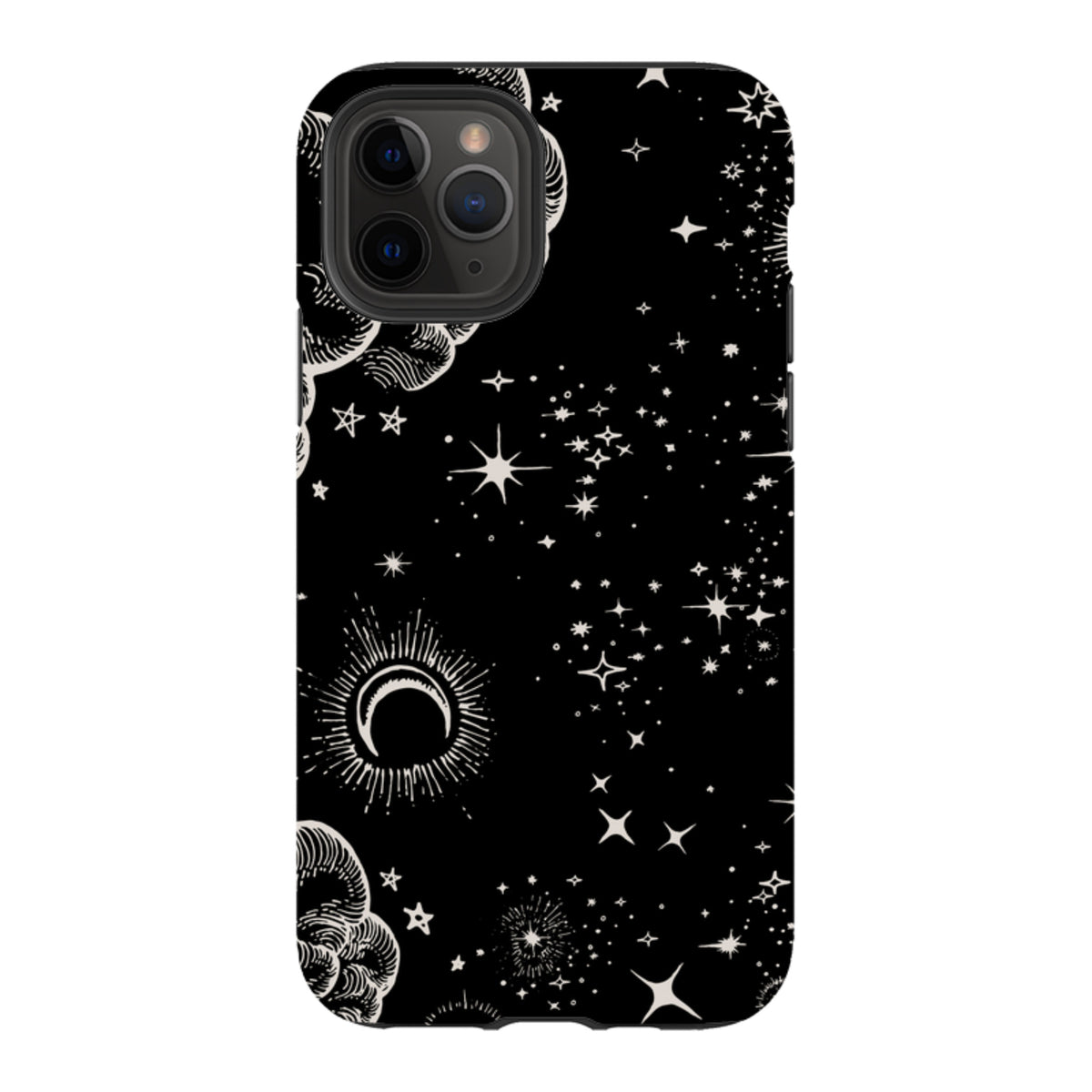 iPhone Tough Case in black with a white celestial print featuring stars, clouds, and a crescent moon design.