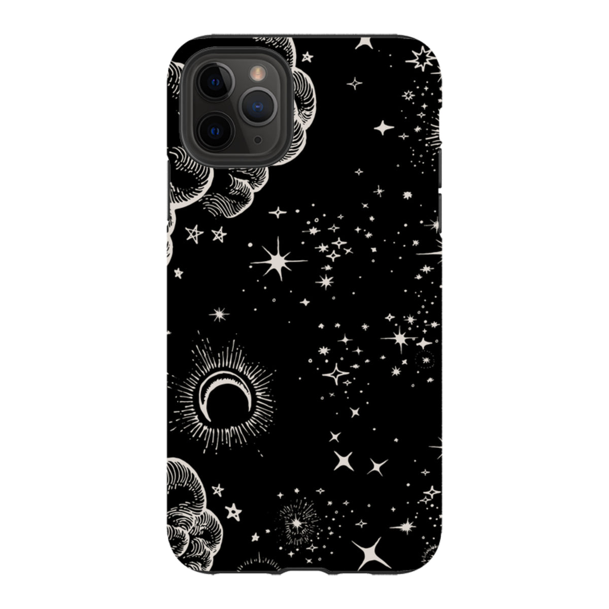 iPhone Tough Case featuring a black background with white celestial art, including stars, clouds, and a crescent moon.