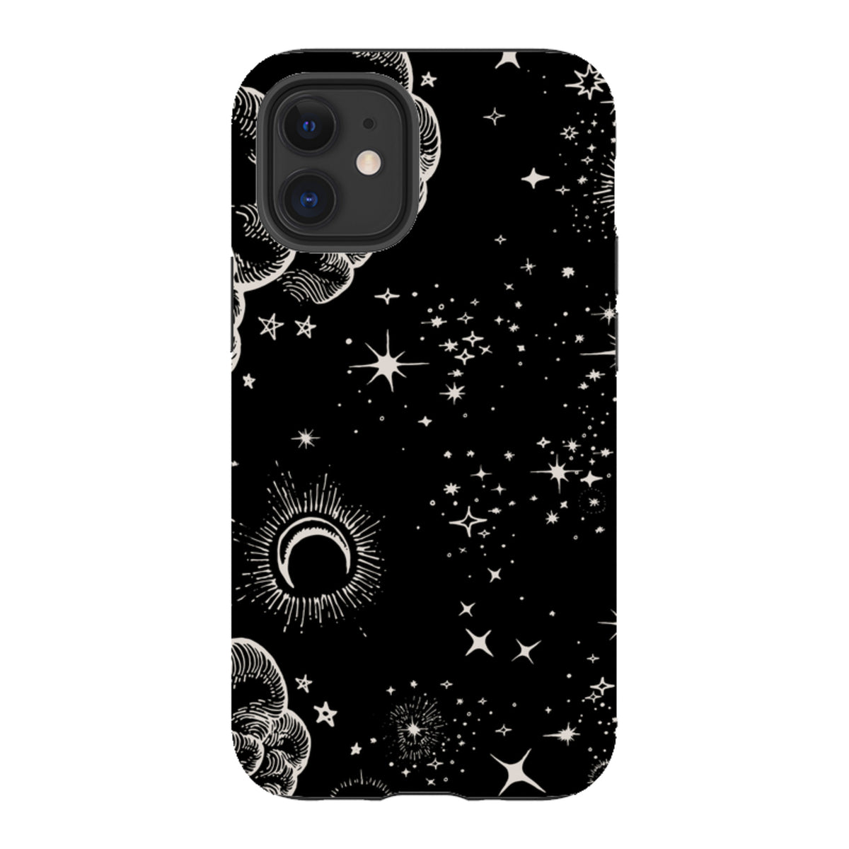 iPhone Tough Case featuring a black background with white celestial moon, cloud, and star illustrations.