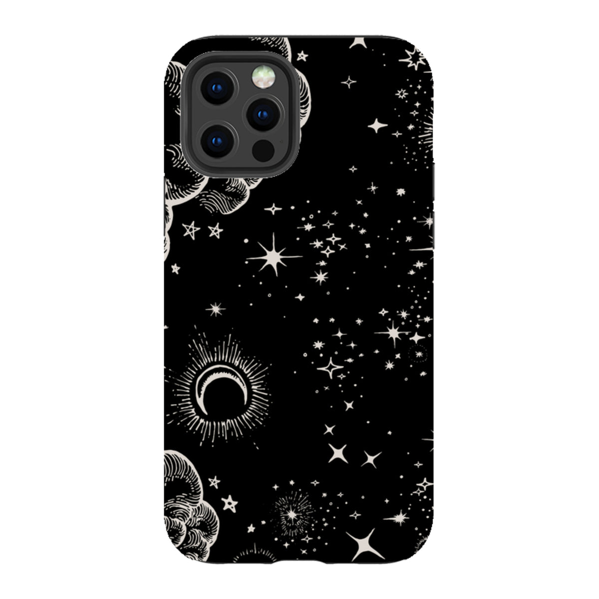 iPhone Tough Case featuring a black background with white celestial moon, cloud, and star illustrations.