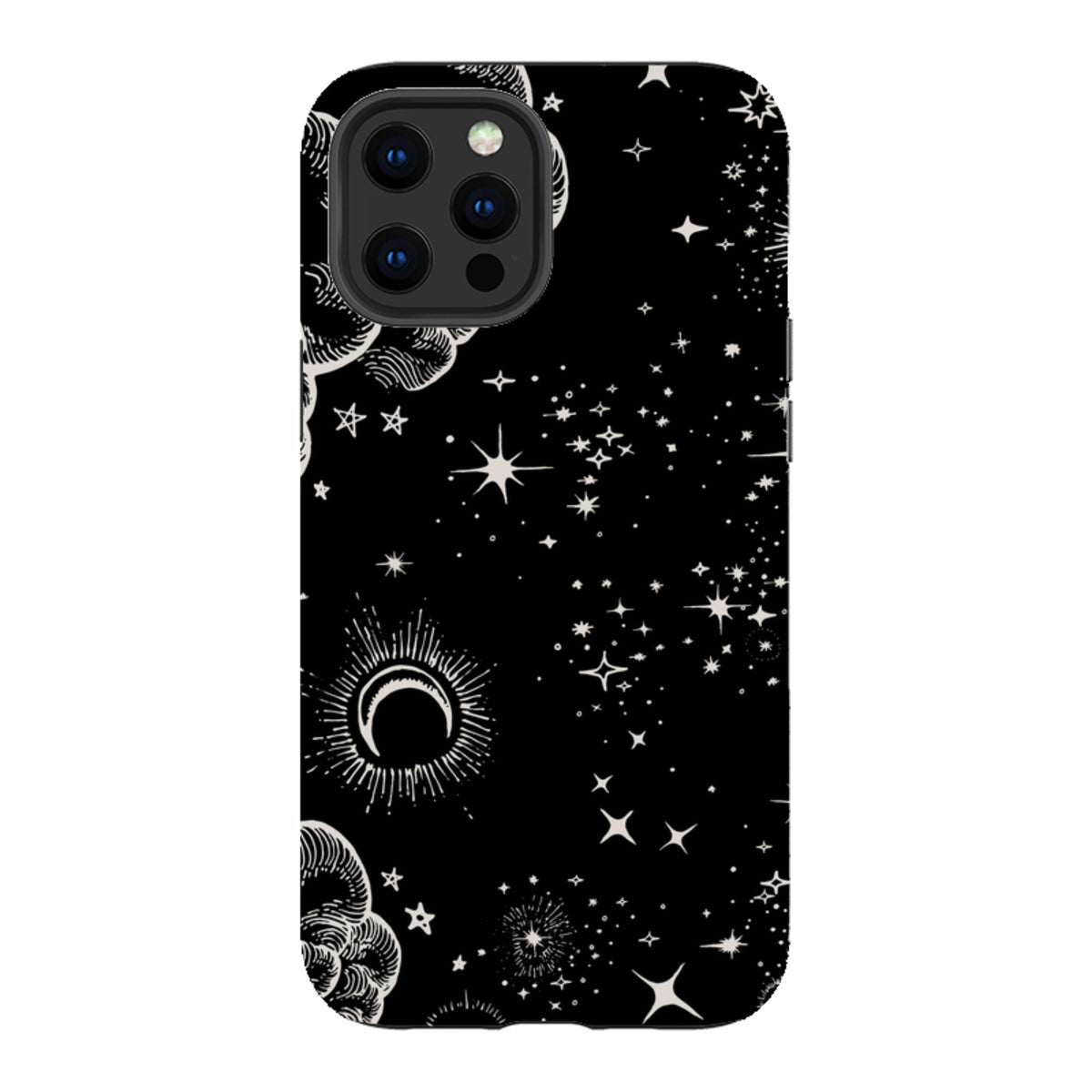 iPhone Tough Case featuring a black background with white celestial moon, cloud, and star illustrations.