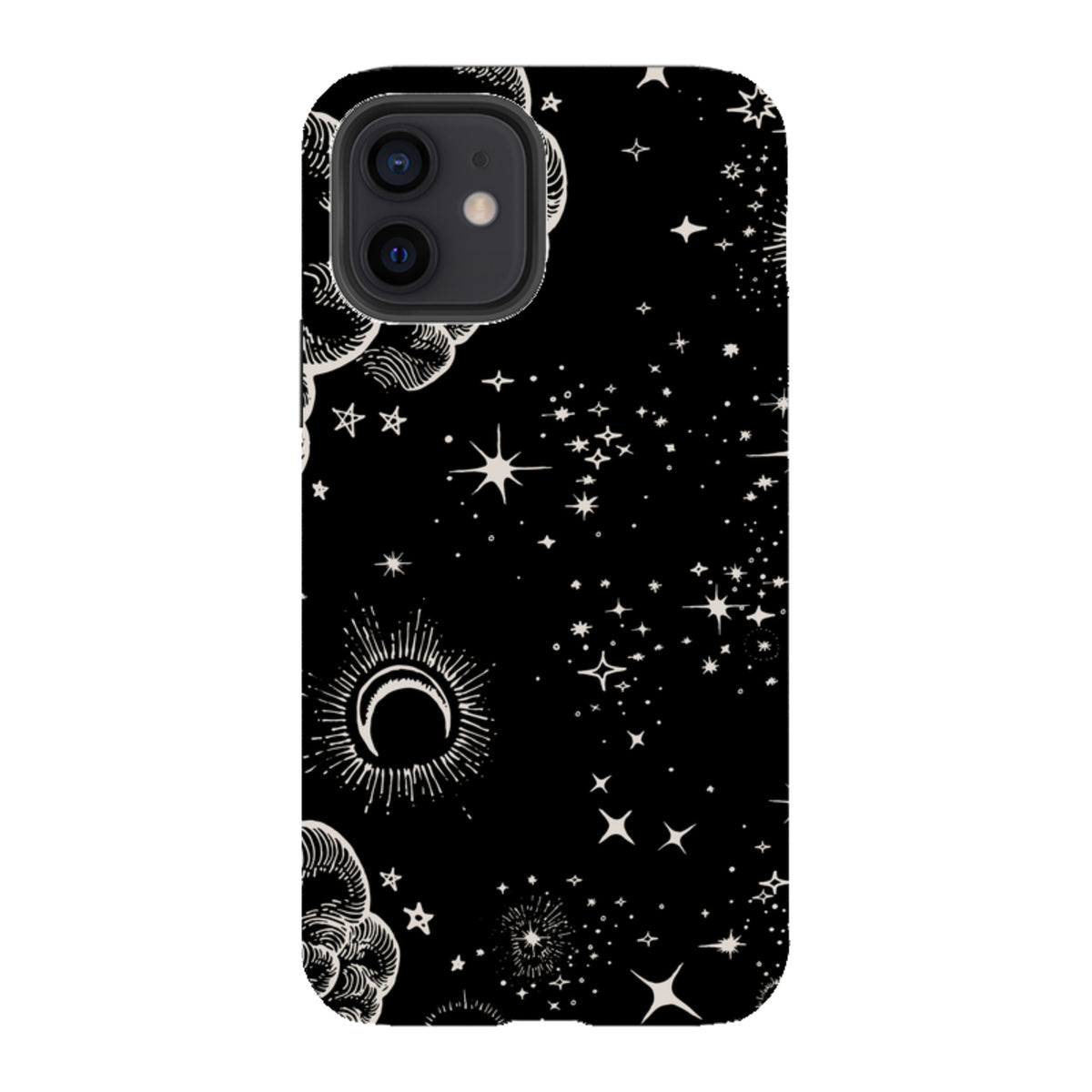 iPhone Tough Case with a black background featuring white celestial moon, cloud, and star illustrations.