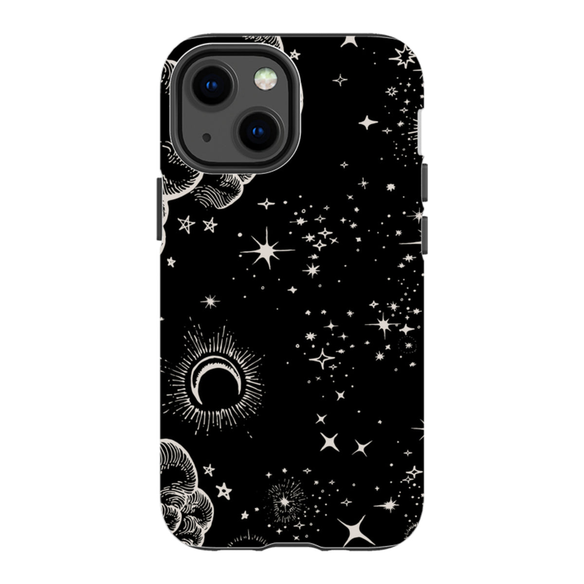 iPhone Tough Case featuring a black background with white celestial moon, cloud, and star constellation illustrations.