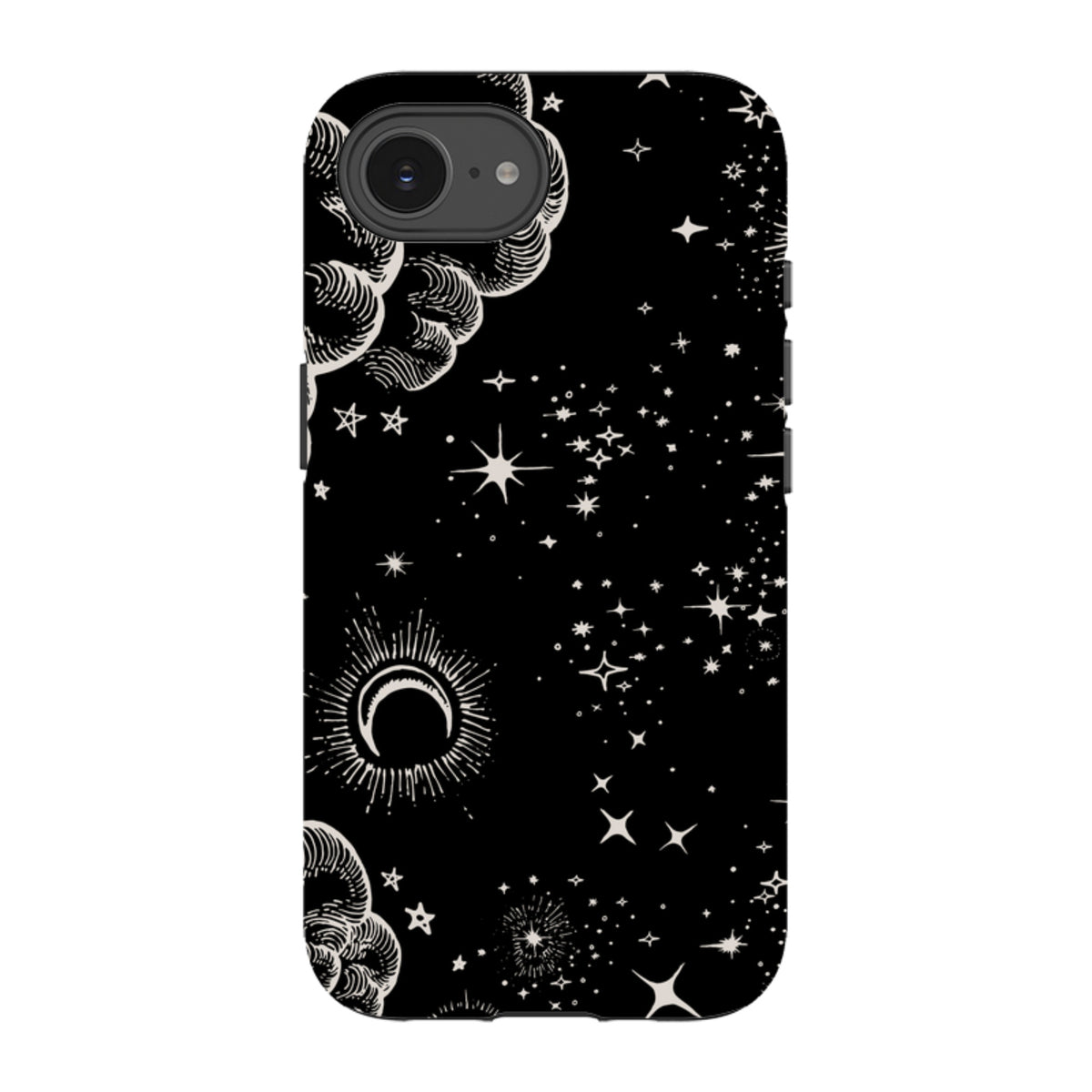 iPhone Tough Case featuring a black background with white celestial moon, star, and cloud illustrations.