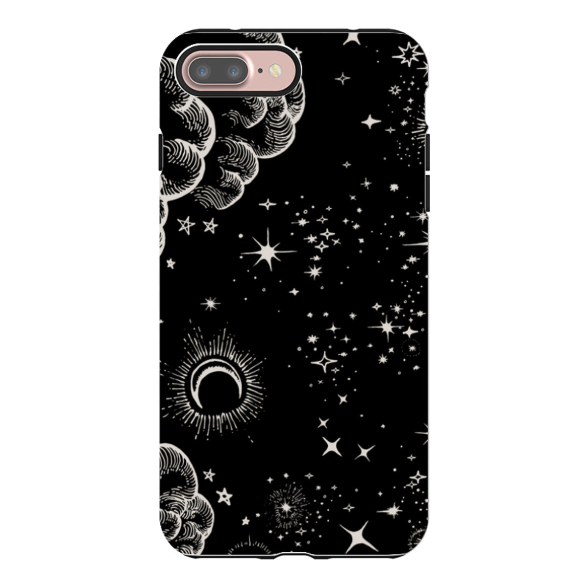 iPhone Tough Case featuring a black celestial design with white stars, clouds, and a crescent moon illustration.
