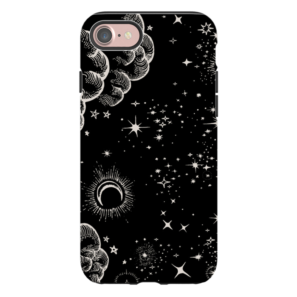 iPhone Tough Case in Lyra design featuring a black background with white celestial moon, star, and cloud illustrations.