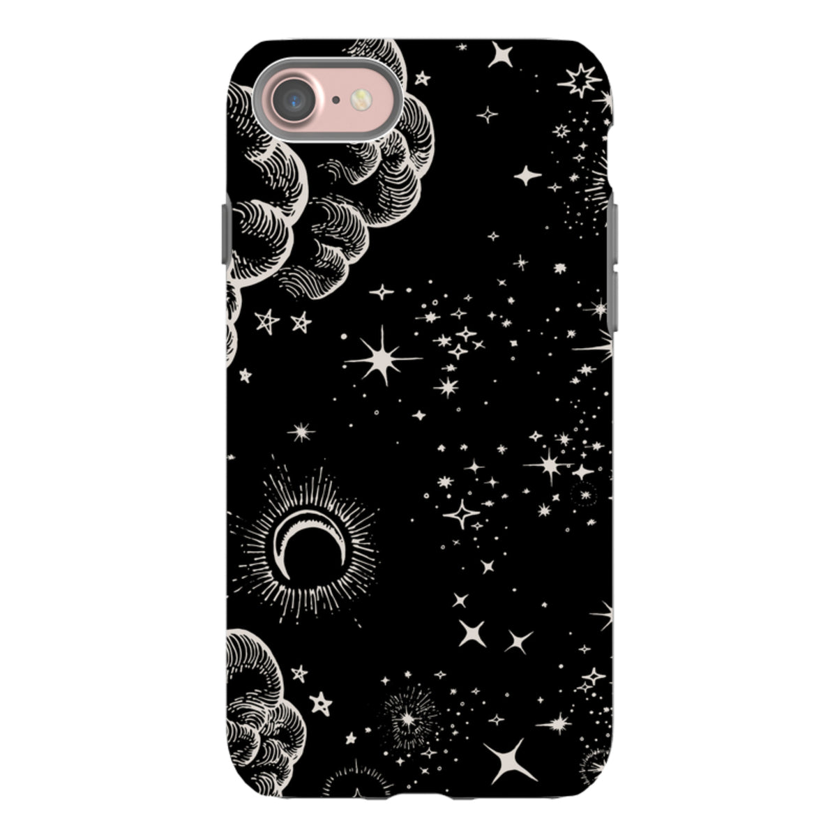 iPhone Tough Case featuring a black background with white celestial moon, star, and cloud illustrations.