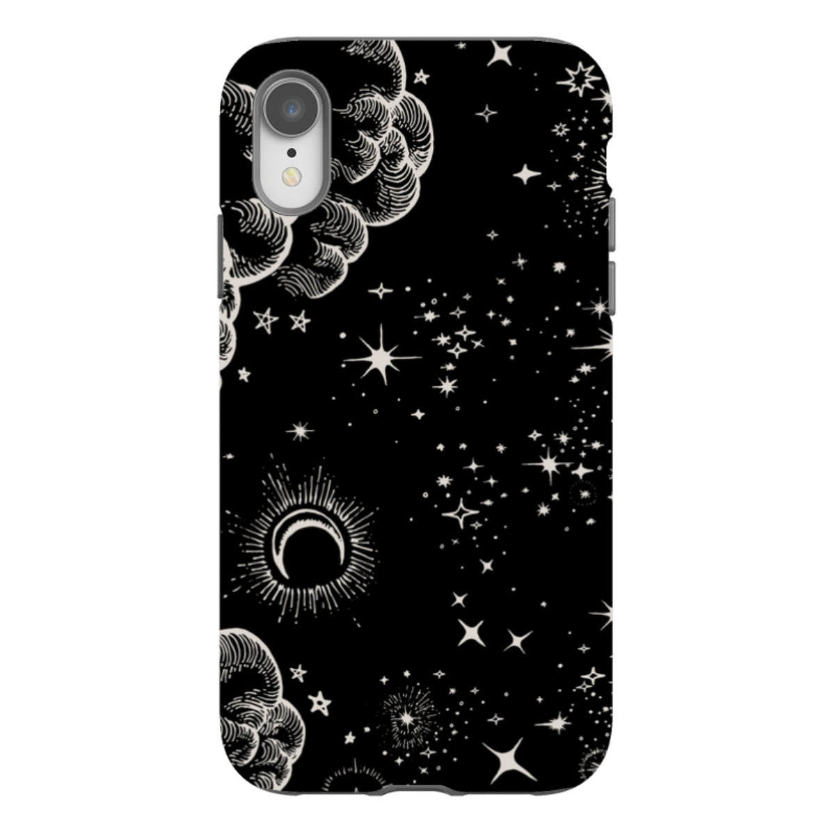 iPhone Tough Case featuring a black and white celestial design with stars, clouds, and a crescent moon.