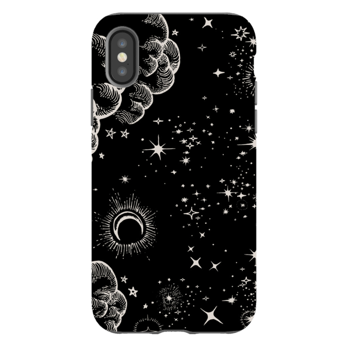 iPhone Tough Case in Lyra design featuring a black background with white celestial moon, star, and cloud illustrations.