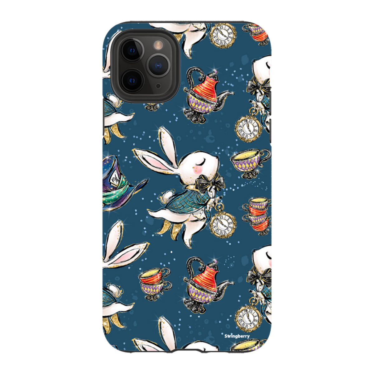 Dual-layer iPhone case with a dark blue Magic Alice pattern featuring white rabbits, teapots, and clocks.