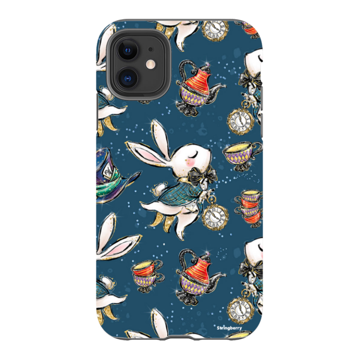 iPhone tough case featuring a whimsical Magic Alice pattern with white rabbits, teapots, and clocks on a dark blue background.