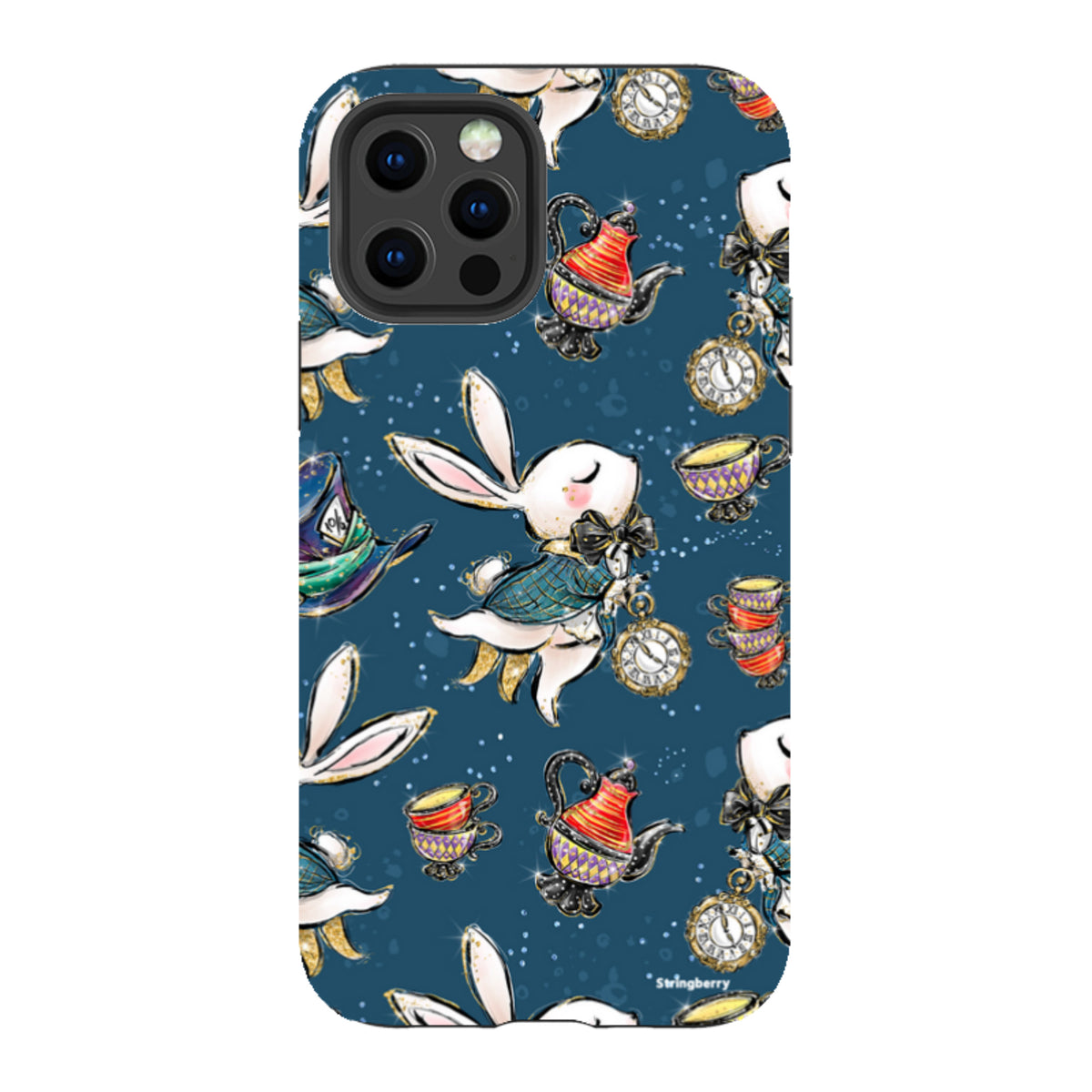 iPhone Tough Case featuring a whimsical Magic Alice pattern with white rabbits, teapots, and clocks on a dark blue background.