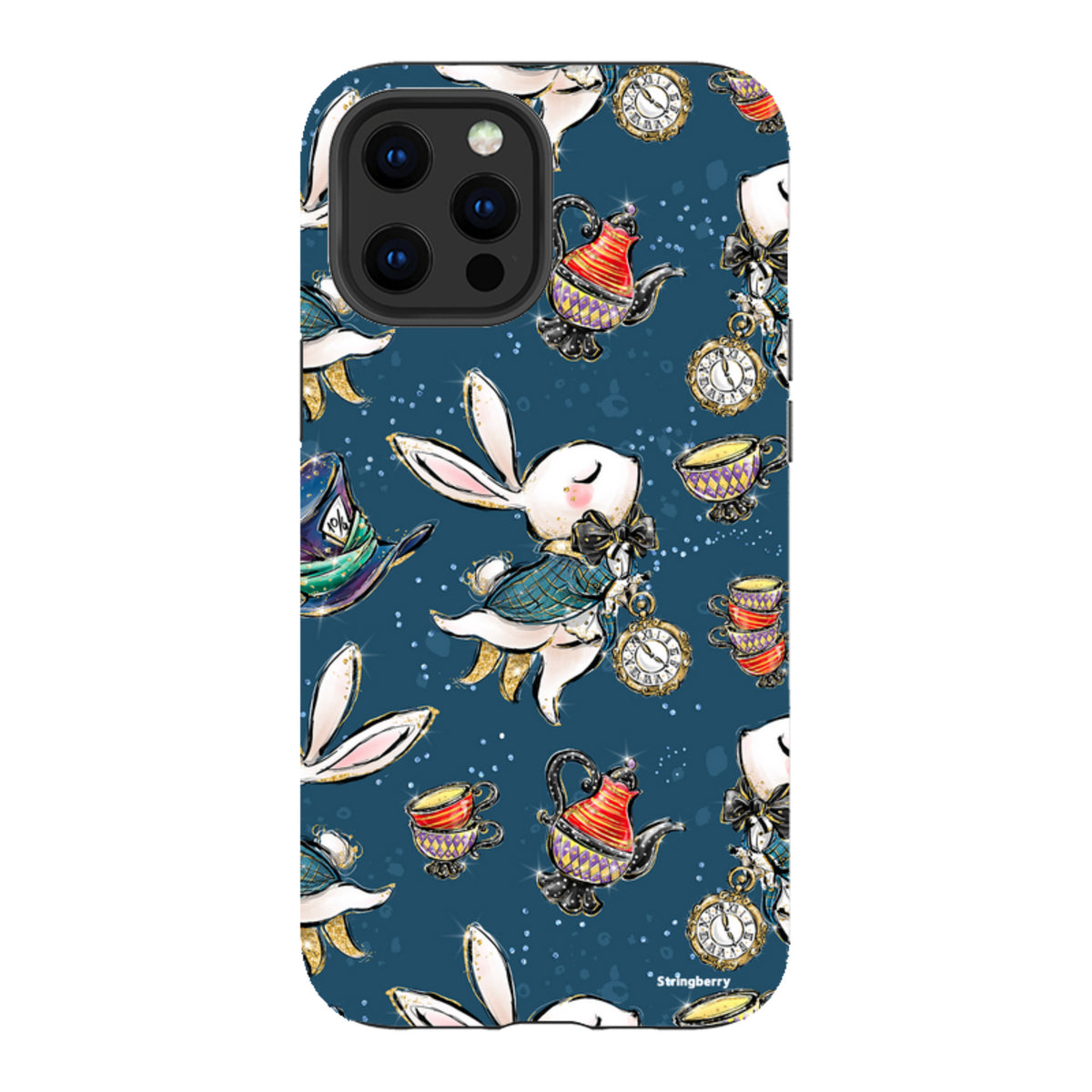 iPhone tough case with a dark blue Alice in Wonderland print featuring white rabbits, teapots, and pocket watches.