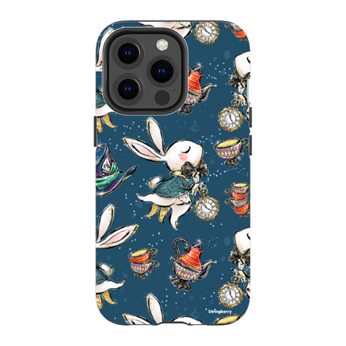 iPhone Tough Case featuring a whimsical Magic Alice rabbit, teapot, and clock pattern on a dark blue background.