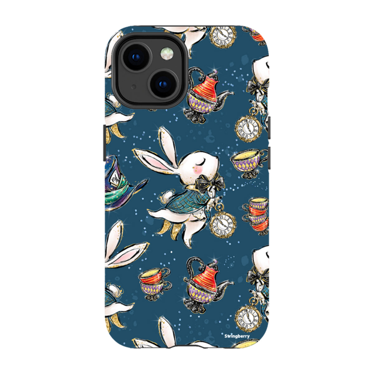 iPhone tough case featuring a whimsical Magic Alice pattern with white rabbits, teapots, and clocks on a dark blue background.
