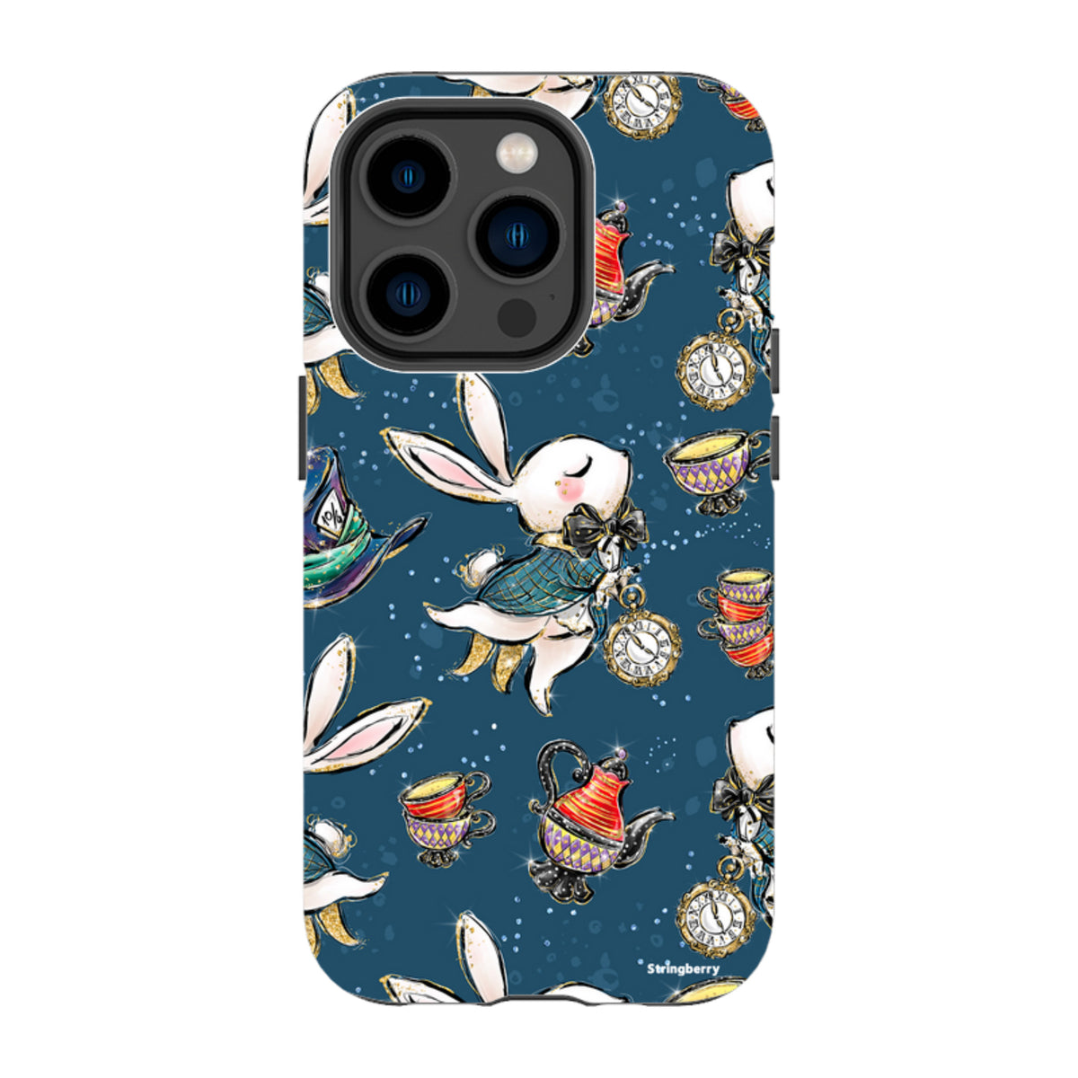 Dual-layer iPhone tough case with a dark blue Magic Alice rabbit, teapot, and clock pattern in a high-definition finish.