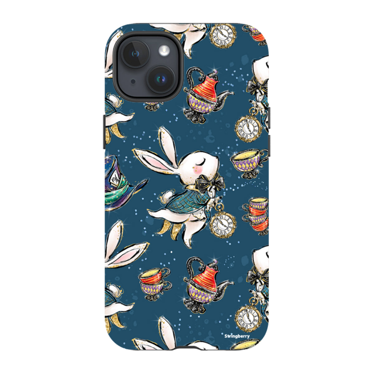 iPhone tough case with a dark blue Alice in Wonderland pattern featuring white rabbits, teapots, and clocks.