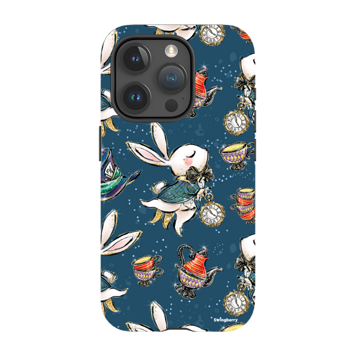 iPhone Tough Case featuring a Magic Alice rabbit, teapots, and clocks pattern on a dark blue background.