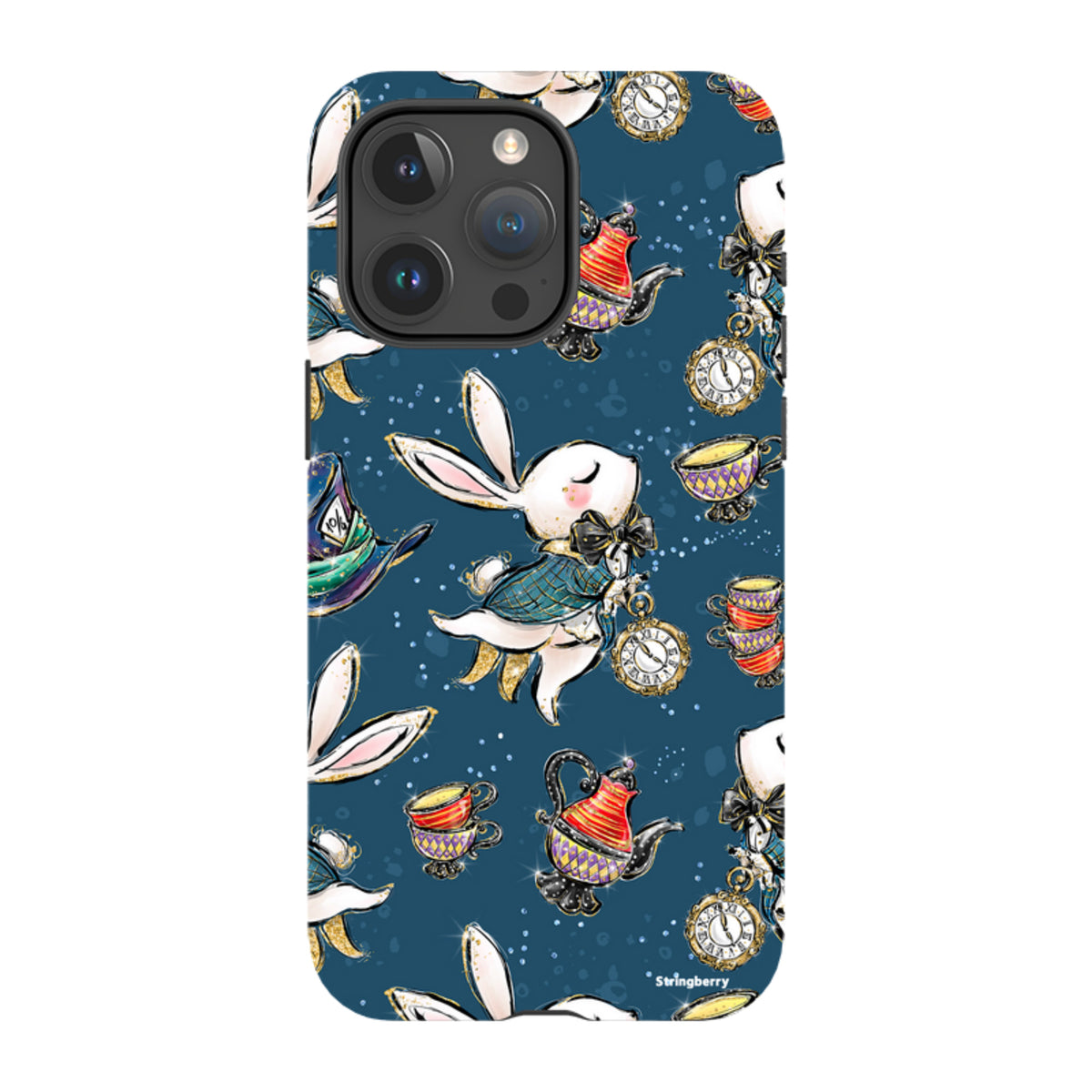 iPhone tough case with a whimsical Magic Alice rabbit, teapot, and clock pattern on a deep blue background.