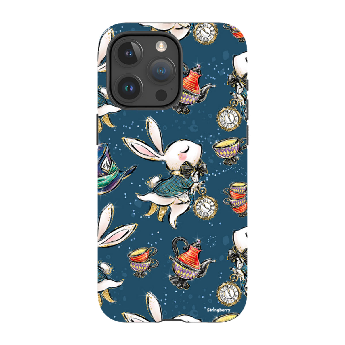 iPhone Tough Case featuring a whimsical Magic Alice pattern with white rabbits, teapots, and clocks on a dark blue background.