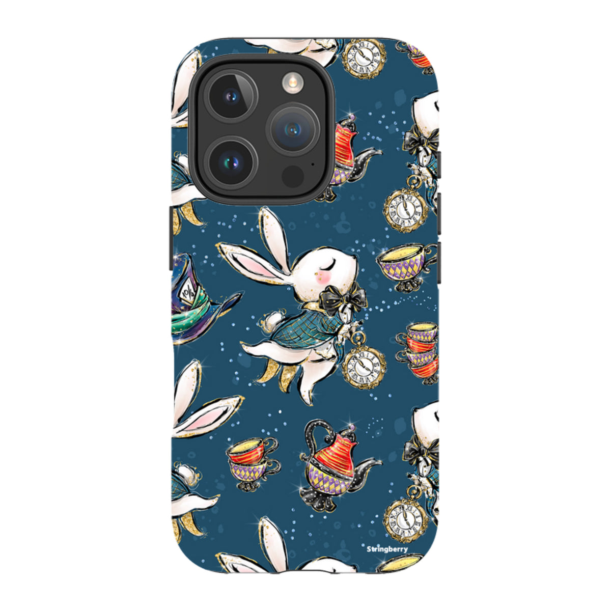iPhone tough case featuring a whimsical Alice in Wonderland rabbit, teapots, and clock pattern on a deep blue background.