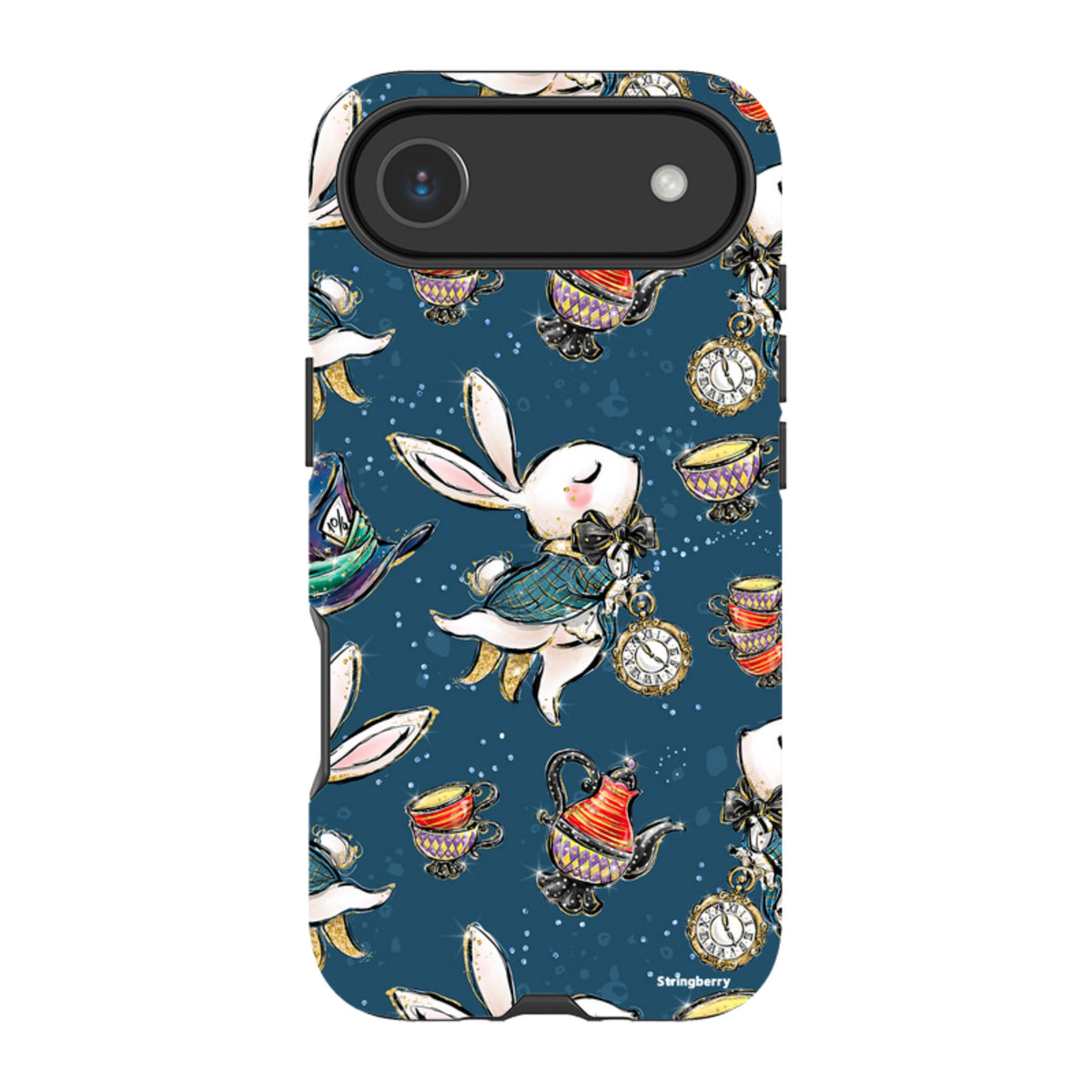 Dual-layer iPhone case with a dark blue Magic Alice rabbit, teapot, and clock pattern in a high-definition finish.