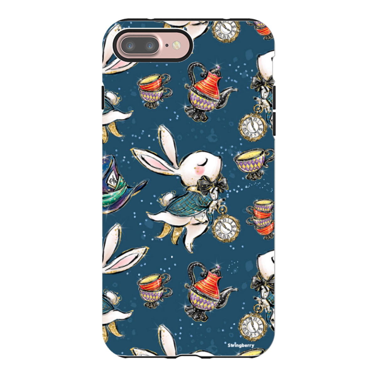iPhone Tough Case featuring a whimsical Magic Alice pattern with white rabbits, teapots, and clocks on a dark blue background.