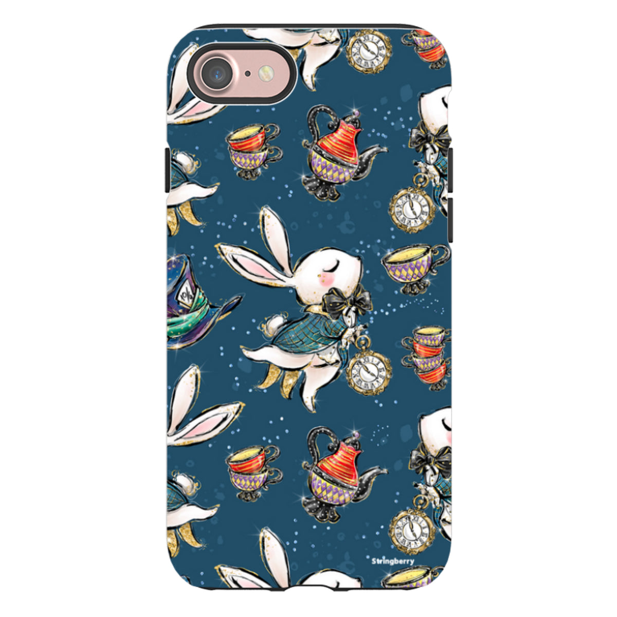 Dual-layer iPhone case with a dark blue Magic Alice pattern featuring white rabbits, teapots, and clocks.