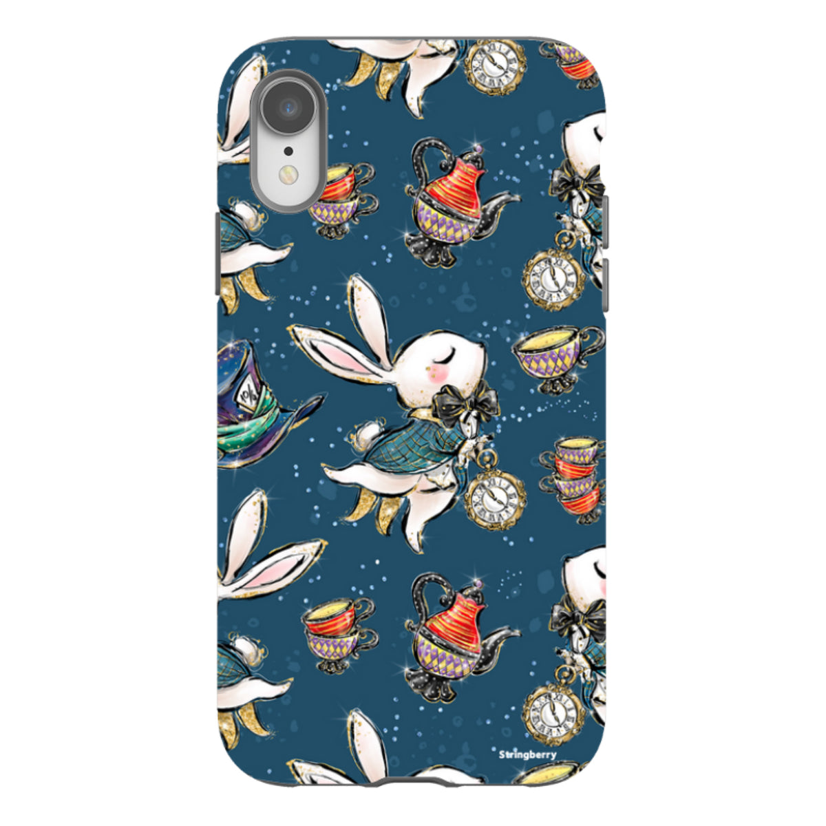 iPhone tough case with a dark blue Alice in Wonderland pattern featuring white rabbits, teapots, and pocket watches.