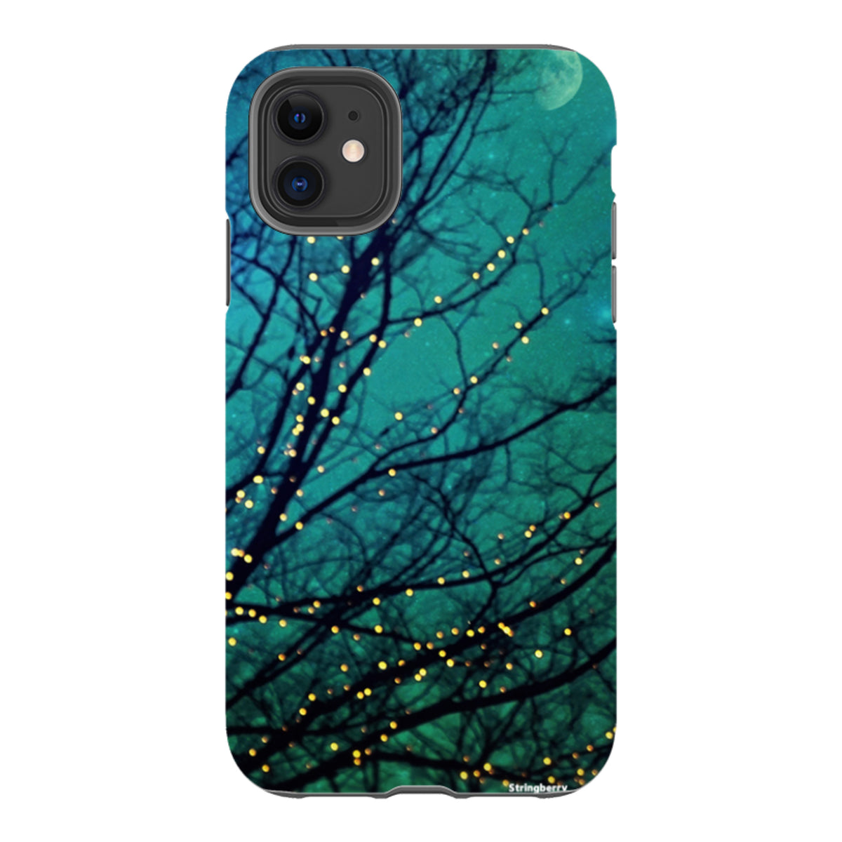 iPhone Tough Case featuring a teal night sky, dark tree silhouettes, and glowing golden fairy lights.