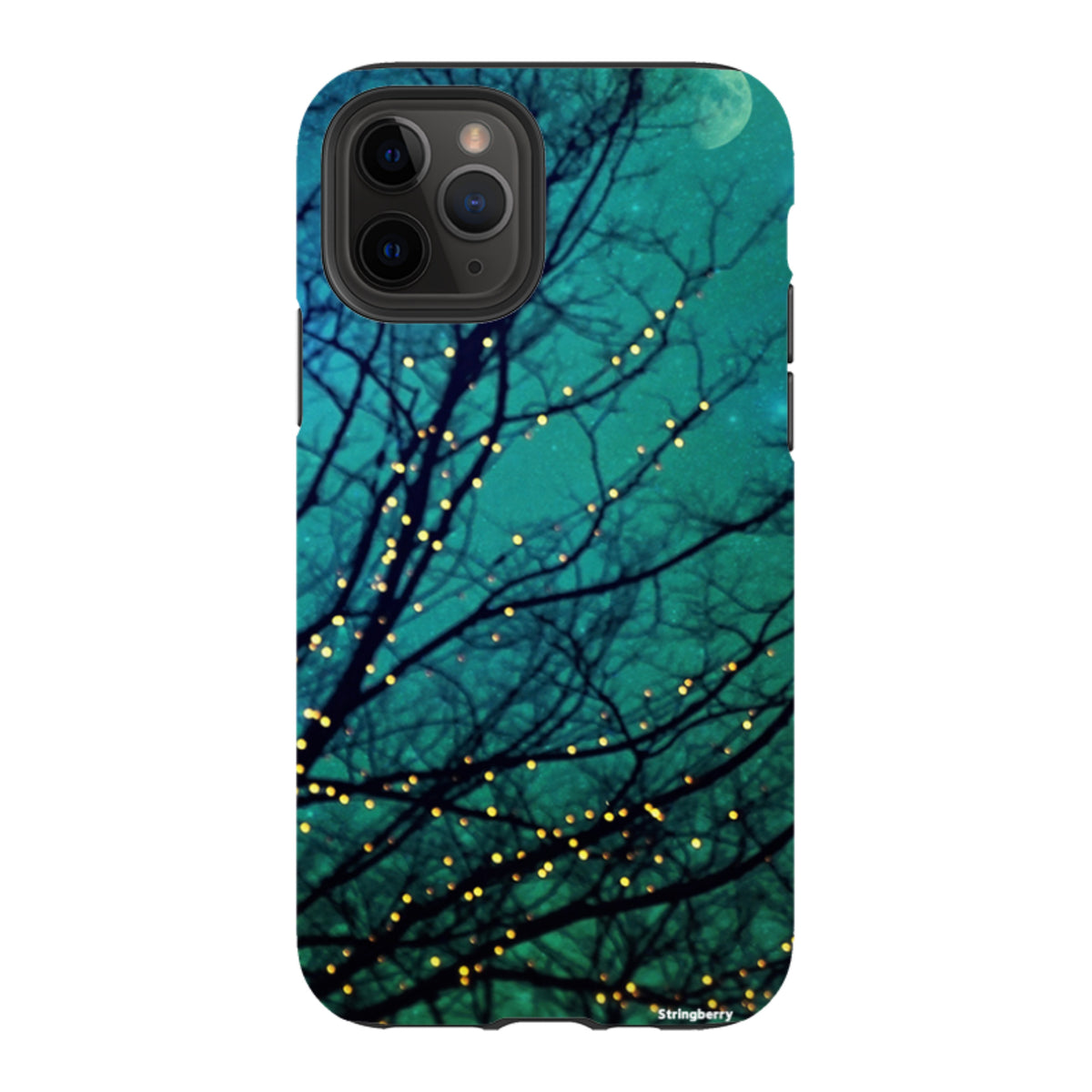 iPhone tough case featuring a teal night sky, silhouetted tree branches, and glowing fairy lights design.