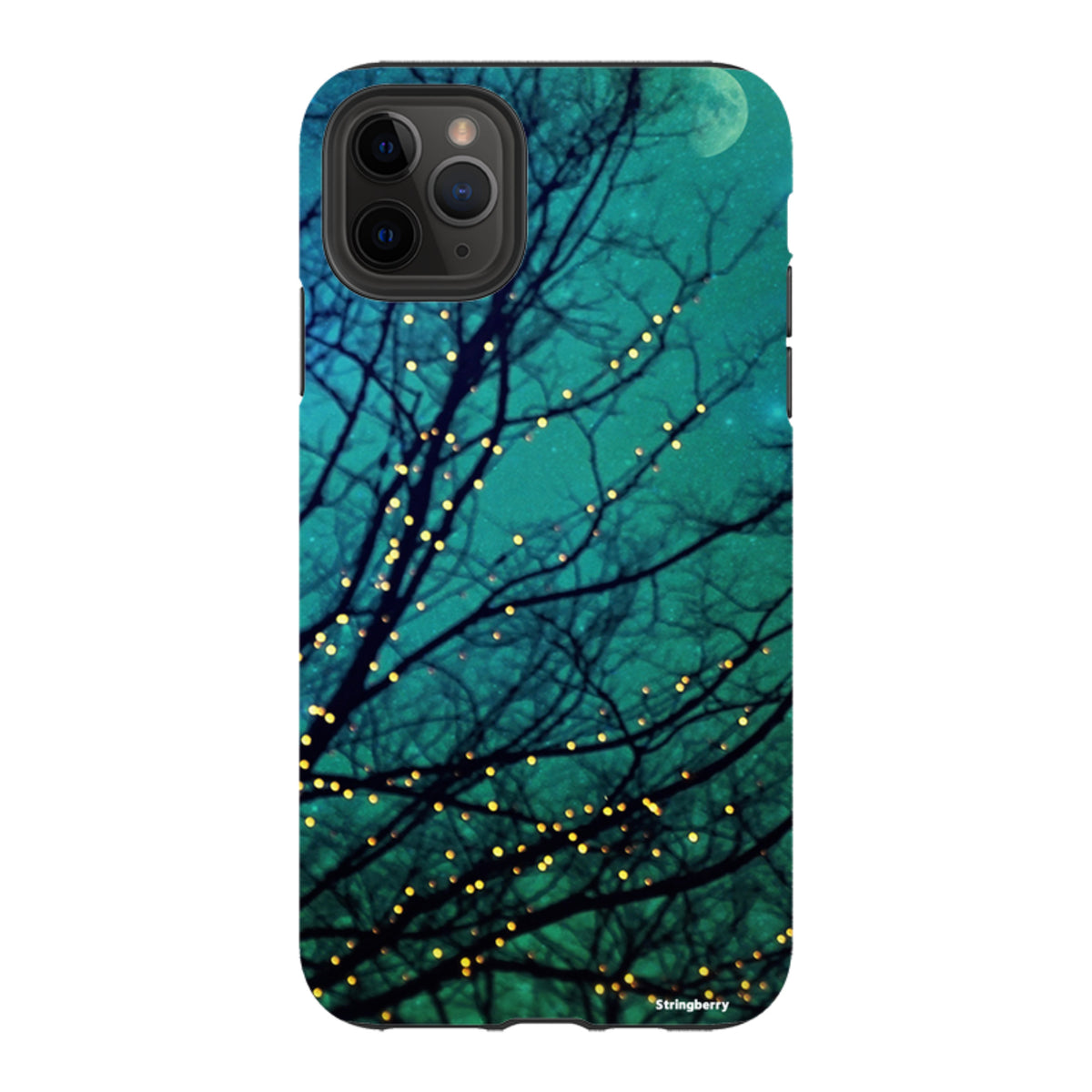 iPhone Tough Case featuring a teal night sky, silhouetted tree branches, and glowing fairy lights in a dual-layer design.